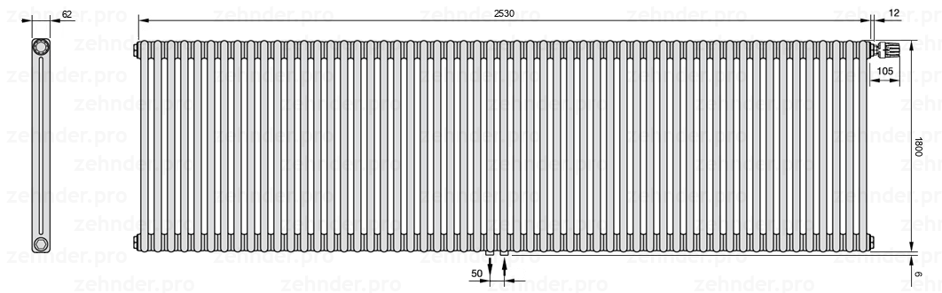 Схема (чертеж) Радиатор Zehnder Charleston 2180/55 №V008 Белый глянцевый RAL 9016